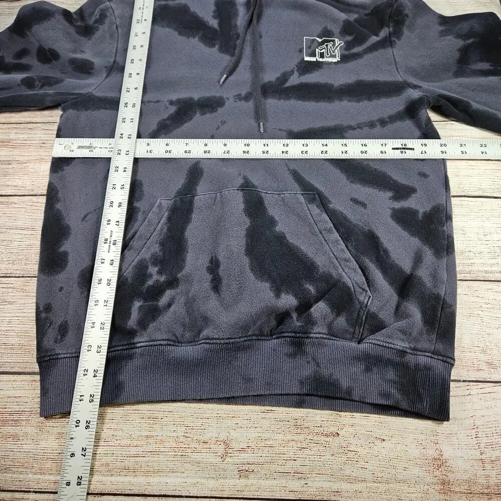 H&M MTV Hoodie Men's Black Gray Tie-Dye S Pullover Graphic Hooded Sweatshirt